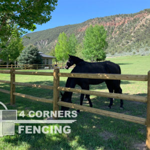 This horse fence is a 3 rail, pressure treated, jumbo size, single strand electric wire on the inside. <br/>© Copyright 4 Corners Fencing, llc