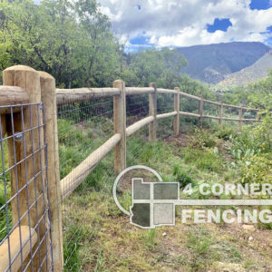 2-rail, pressure treated, jumbo size with 48” tall welded steel wire. The gates have through bolt hinges and steel fork latches. This was built for dogs and kids. <br/>© Copyright 4 Corners Fencing, llc