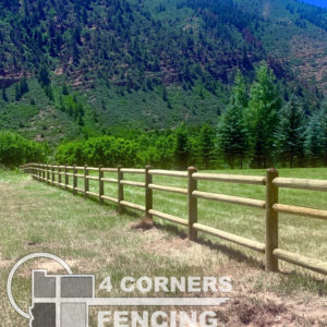 “Wildlife friendly” 3-rail dowelled pole fencing.  By adding a wider space between the bottom two rails, it will allow young animals like fawns and calf elk to pass through easily.<br/>© Copyright 4 Corners Fencing, llc