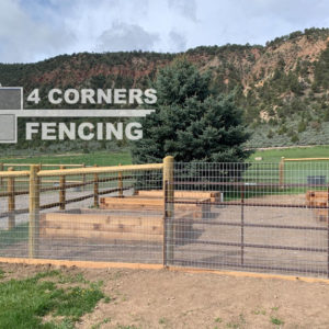 5 foot tall garden fence. Single rail, pressure treated, jumbo size with 60 “ tall Max-Tight wire and 36” tall 1/2” hardware cloth. 2″ x 10” pressure treated board buried around the perimeter. <br/>© Copyright 4 Corners Fencing, llc